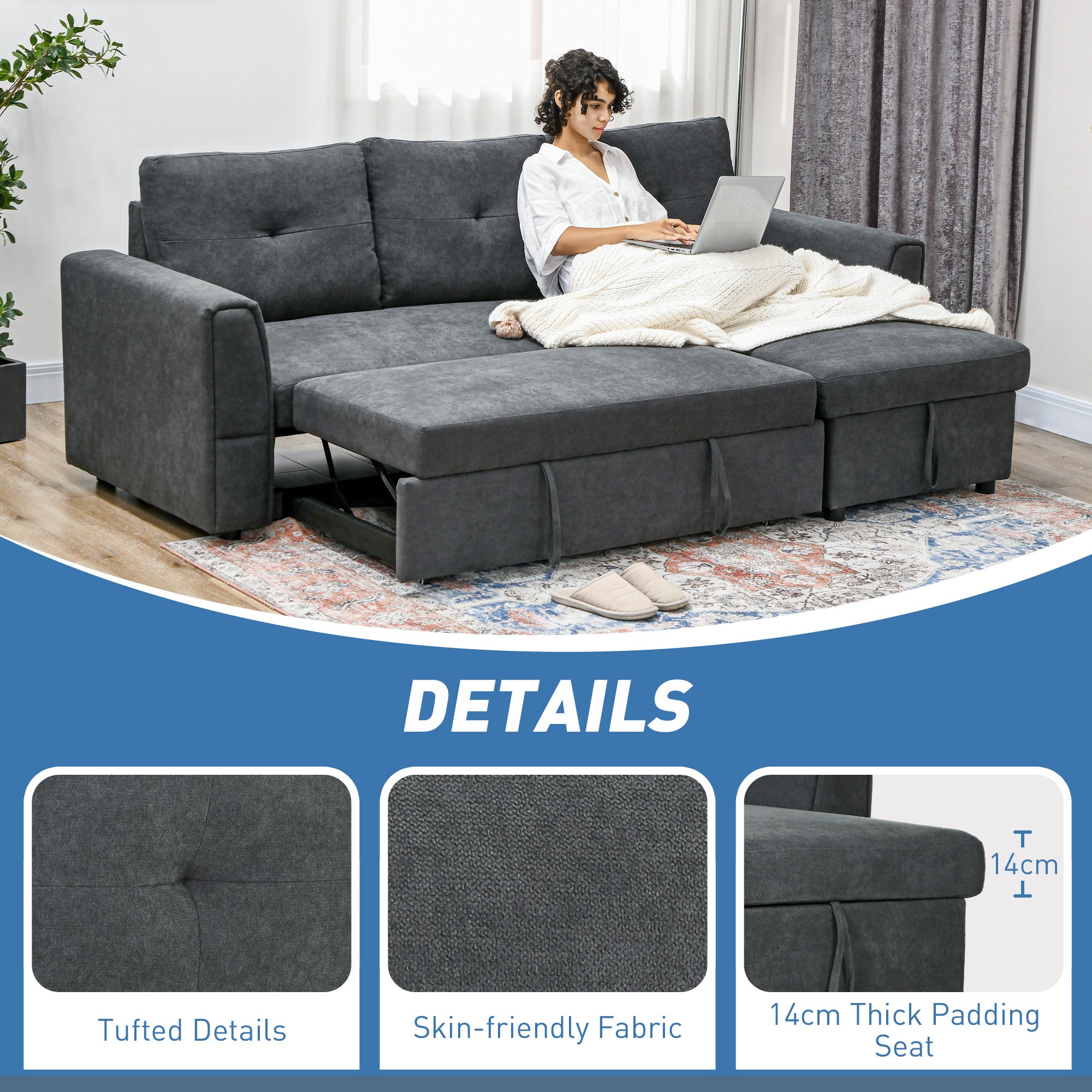 Fabric 3 Seater L Shape Sofa Bed With Storage - Velmora