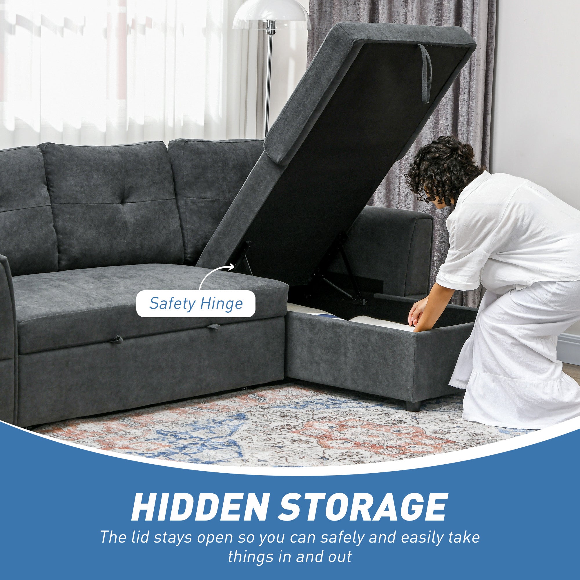 Fabric 3 Seater L Shape Sofa Bed With Storage - Velmora