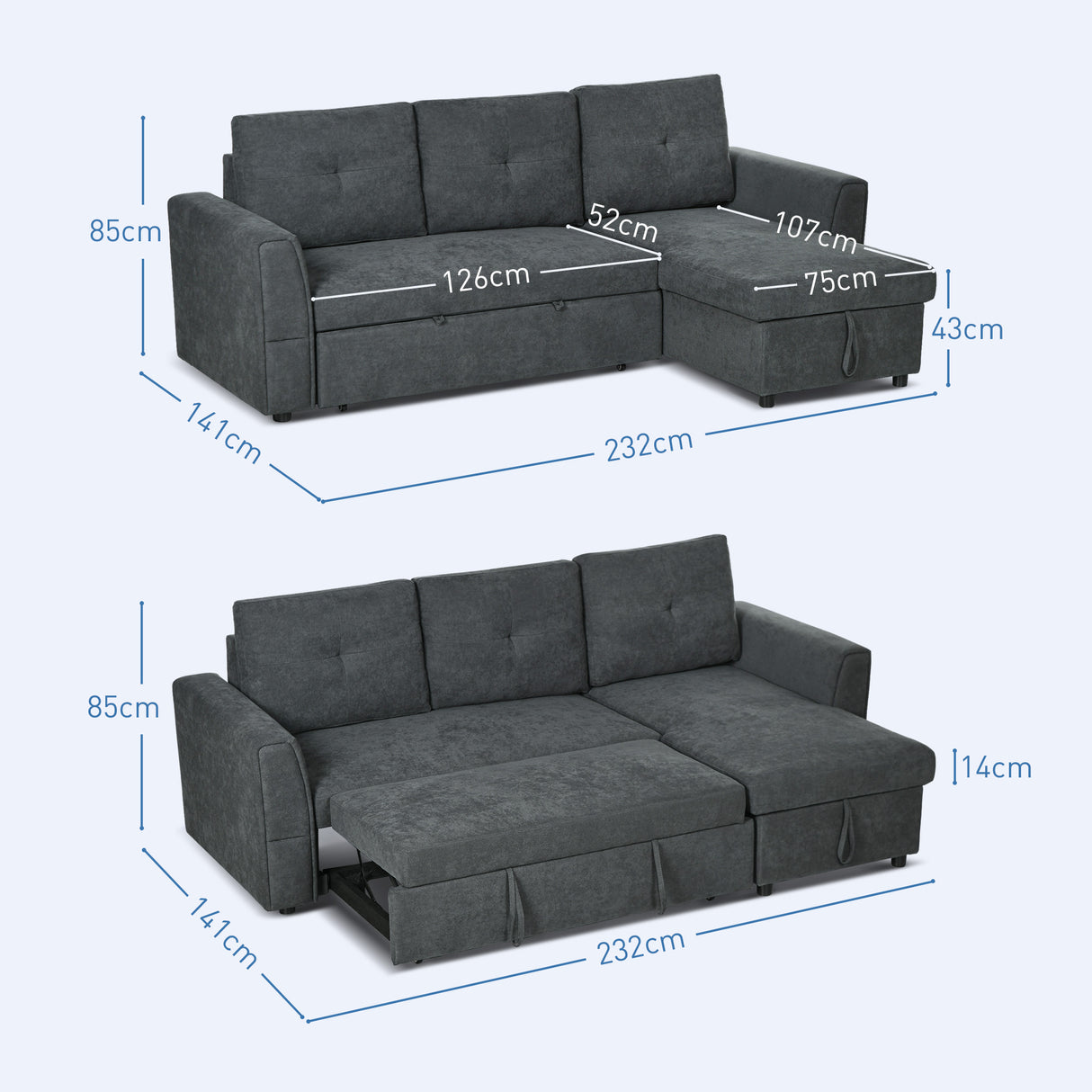 Fabric 3 Seater L Shape Sofa Bed With Storage - Velmora