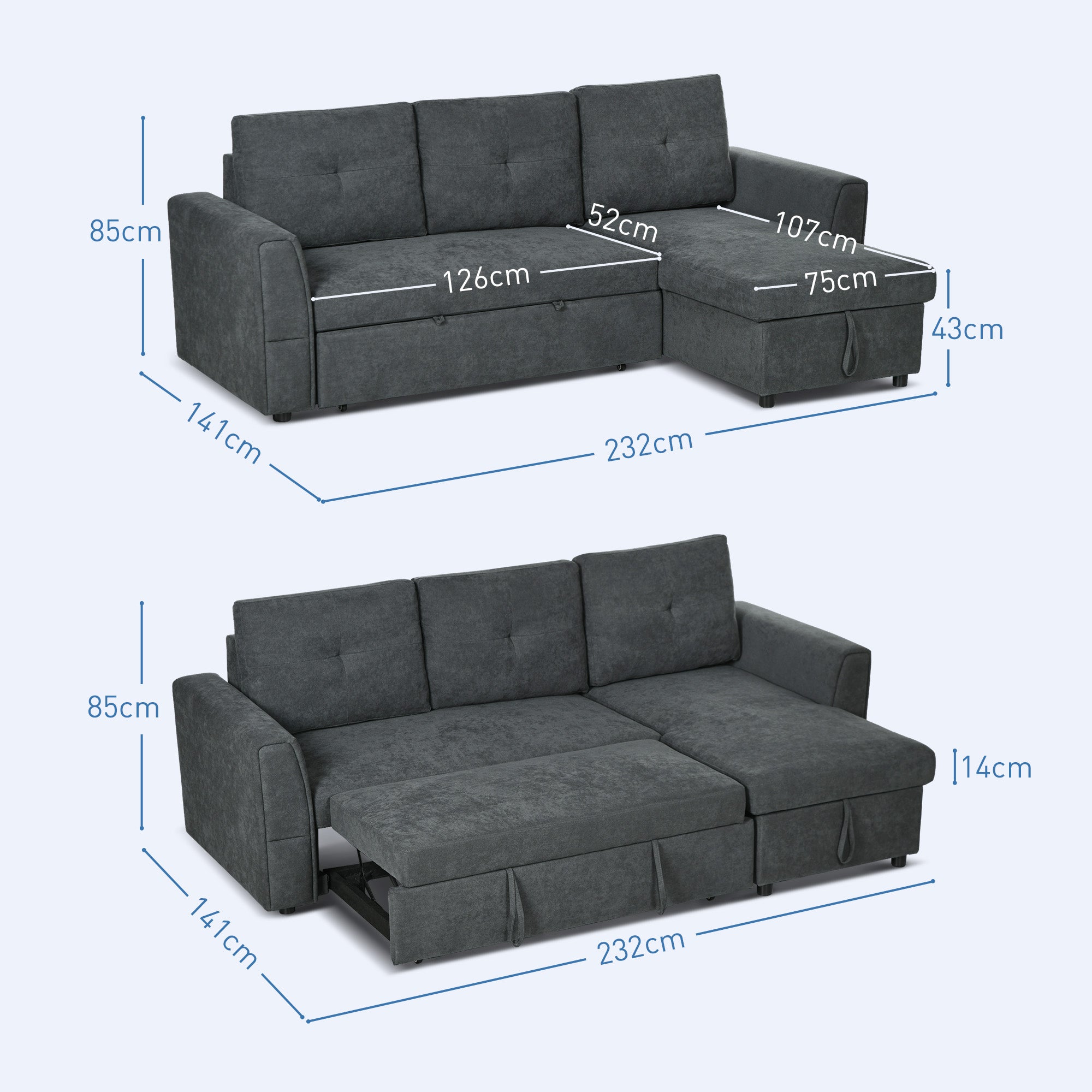 Fabric 3 Seater L Shape Sofa Bed With Storage - Velmora