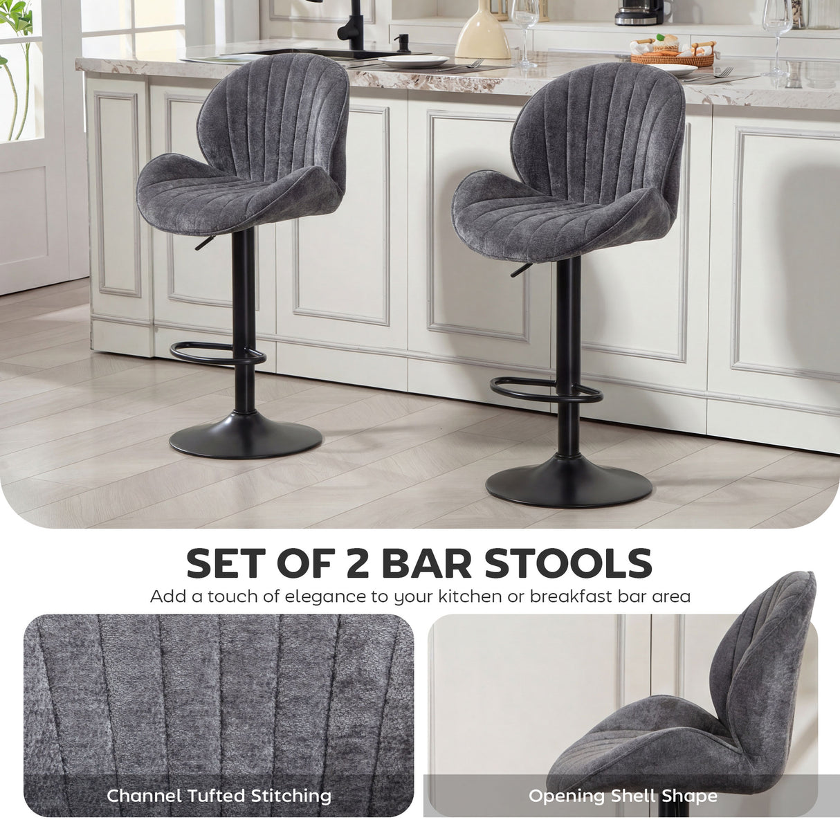 Fabric Adjustable Height Swivel Bar Stools Set Of 2 - Velmora