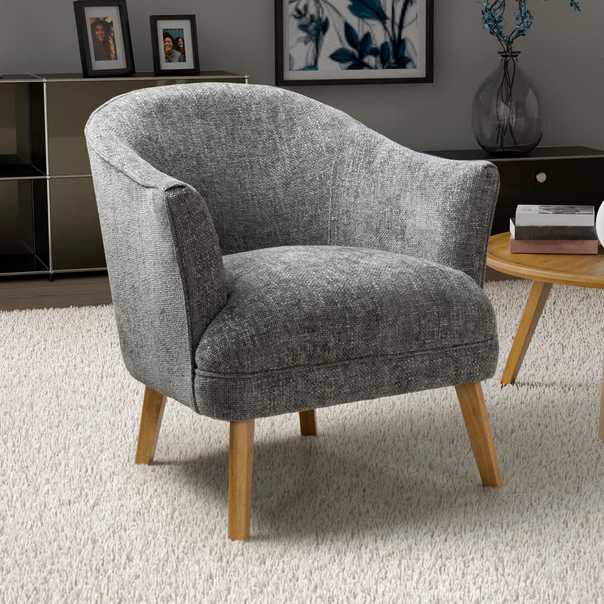 Fabric Armchair In Flax Effect With Natural Rubberwood Legs - Mallory