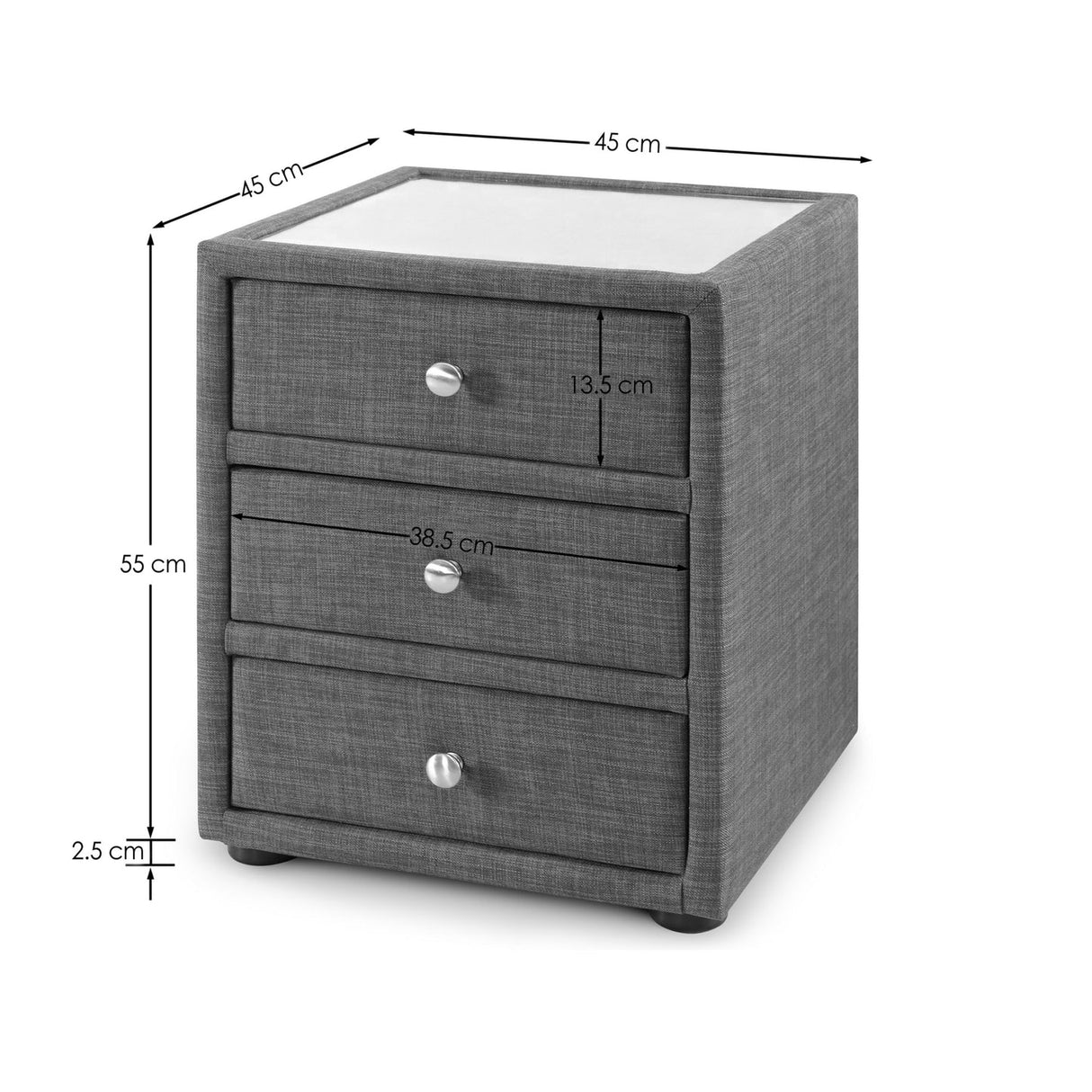 Fabric Bedside Cabinet With Glass Top - Sorrento