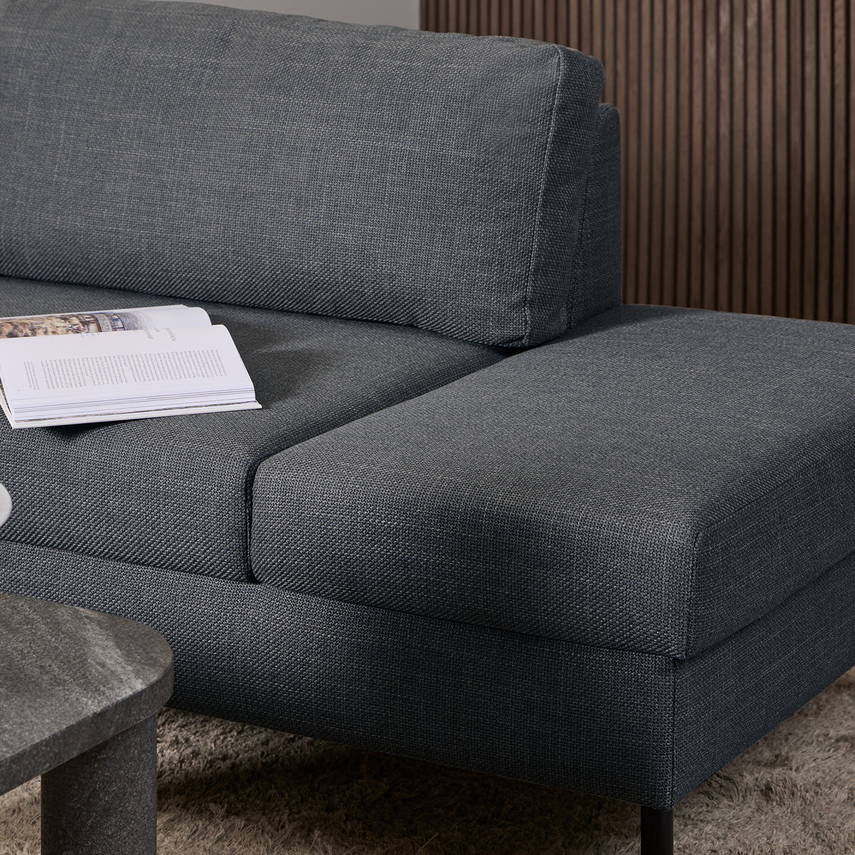 Fabric Corner Sofa With Open End Facing Right Handed With Matt Black Steel Legs - Omaha