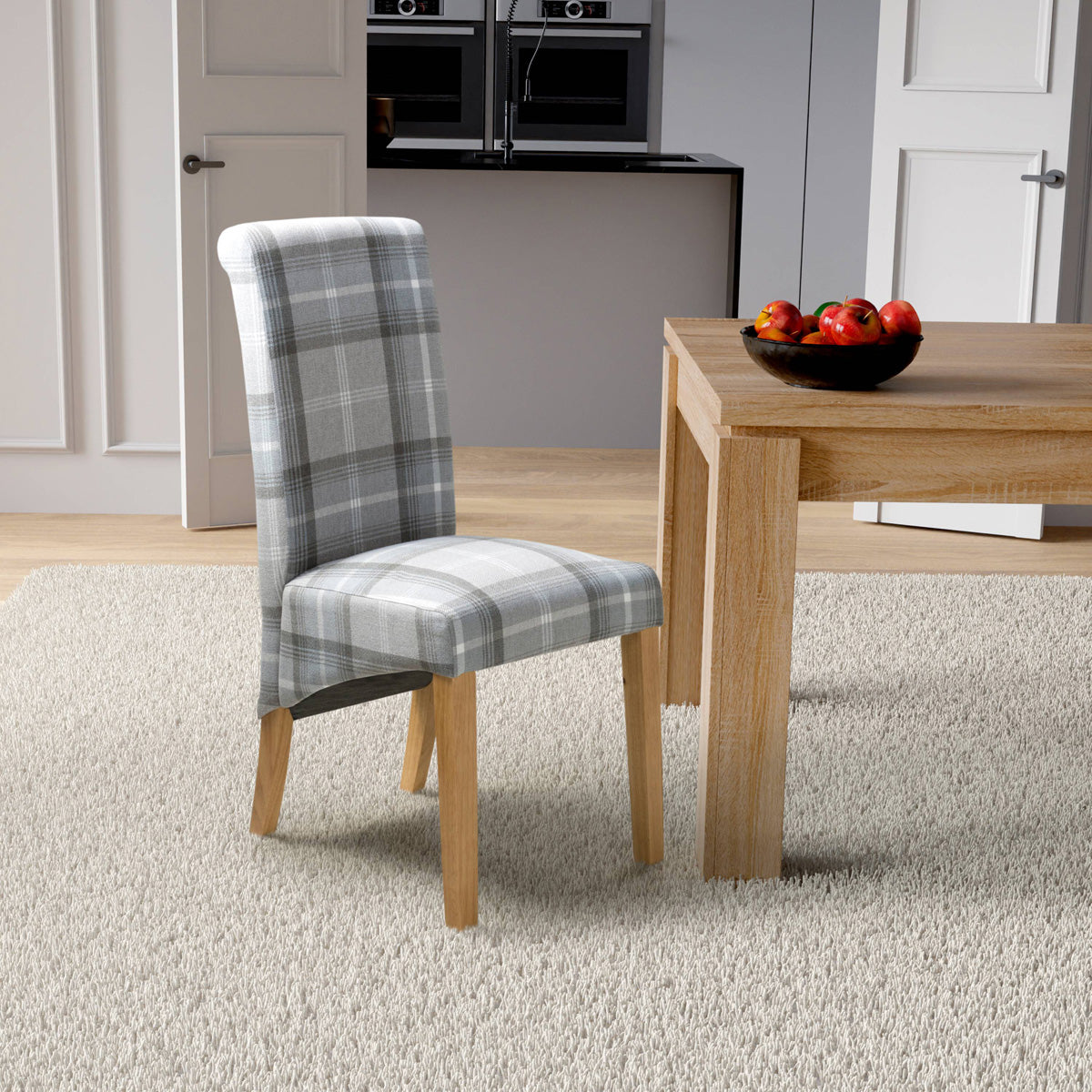 Fabric Dining Chairs in Set Of 2 With Checks Design Scroll Back - Karta
