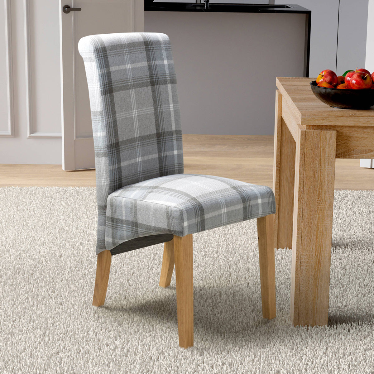 Fabric Dining Chairs in Set Of 2 With Checks Design Scroll Back - Karta