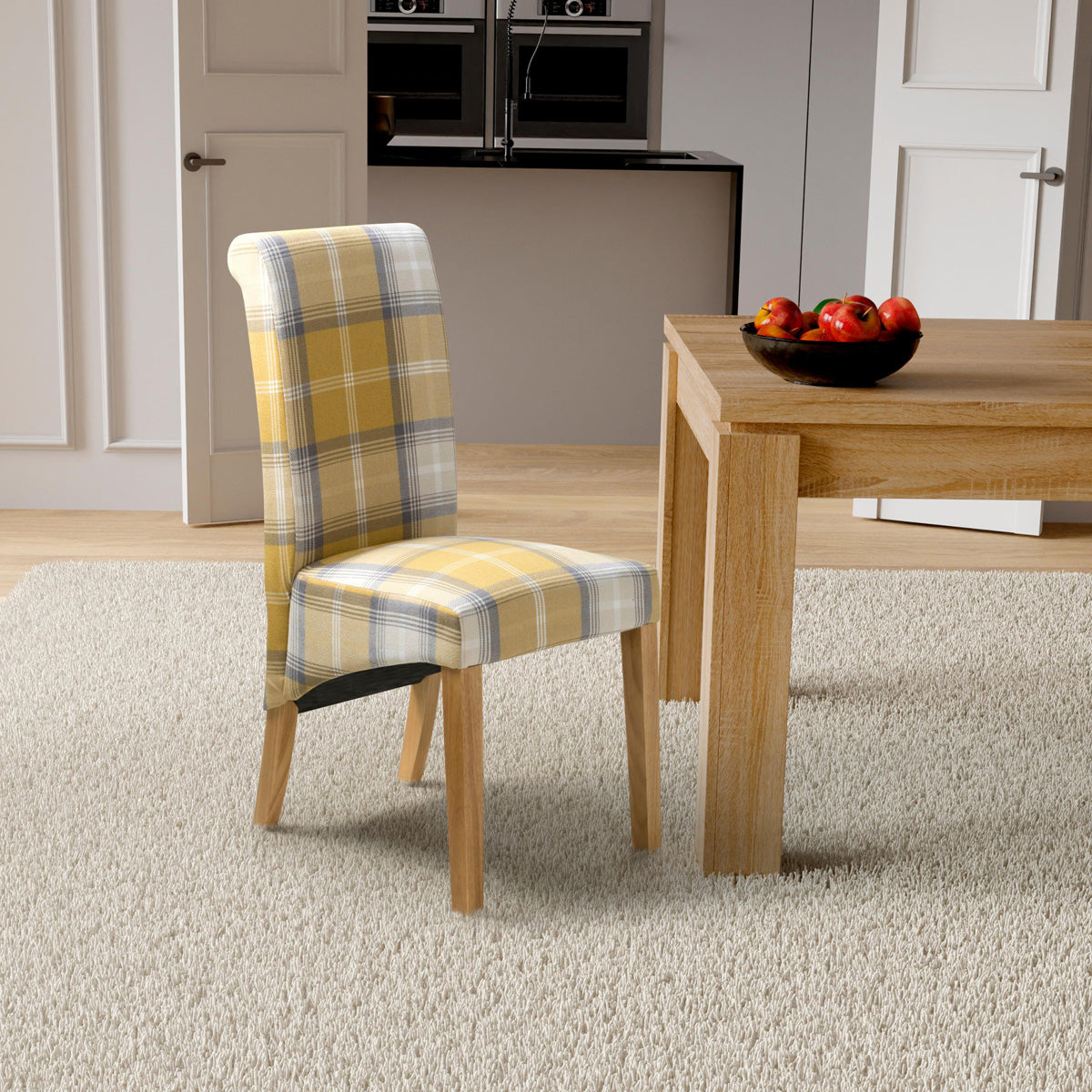 Fabric Dining Chairs in Set Of 2 With Checks Design Scroll Back - Karta