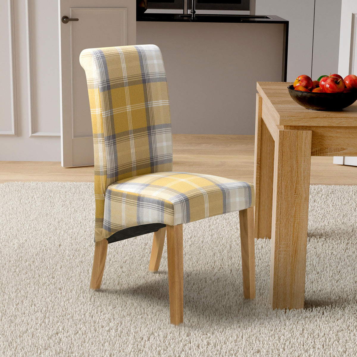 Fabric Dining Chairs in Set Of 2 With Checks Design Scroll Back - Karta