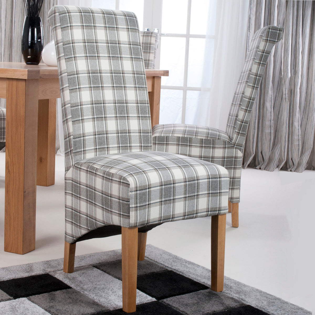 Fabric Dining Chairs in Set Of 2 With Roll Back Checks Design - Krista