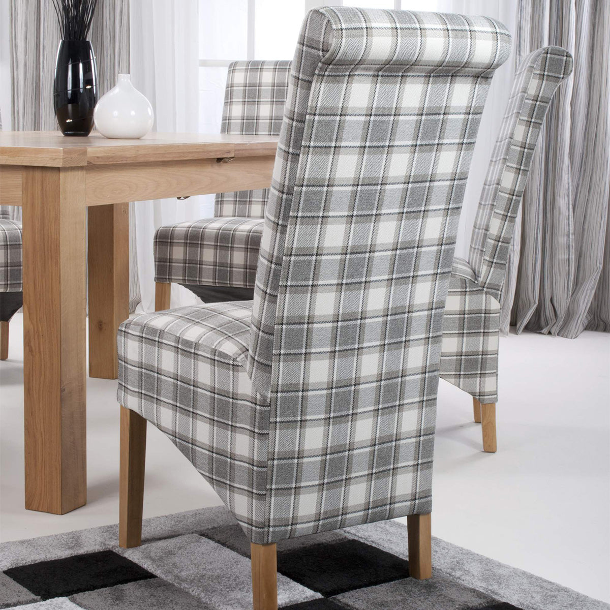 Fabric Dining Chairs in Set Of 2 With Roll Back Checks Design - Krista