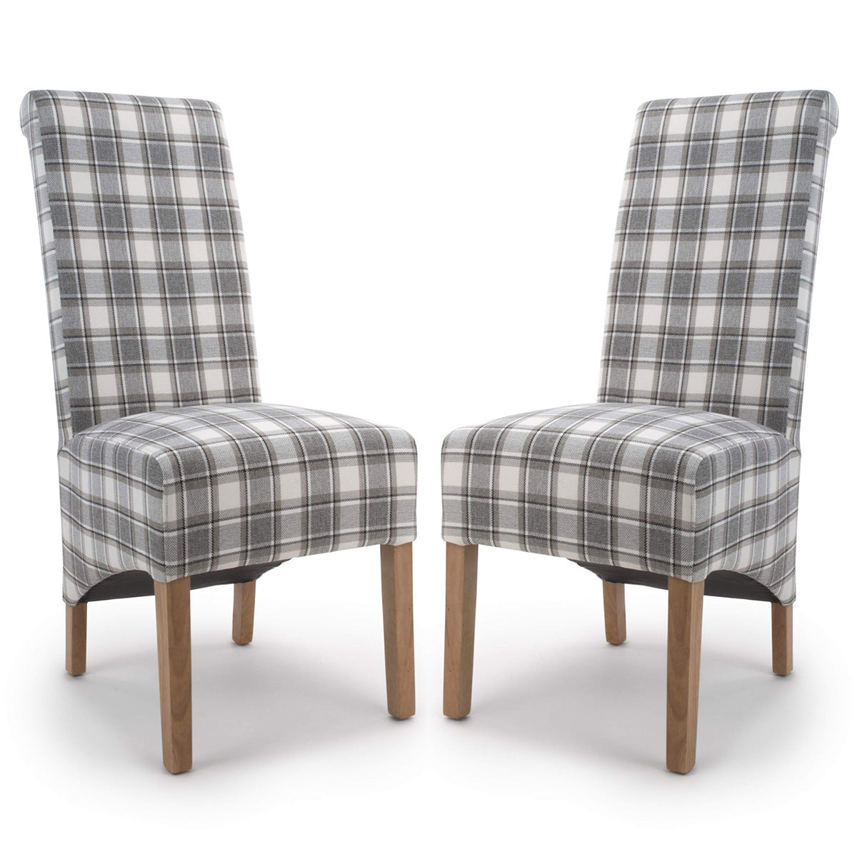 Fabric Dining Chairs in Set Of 2 With Roll Back Checks Design - Krista