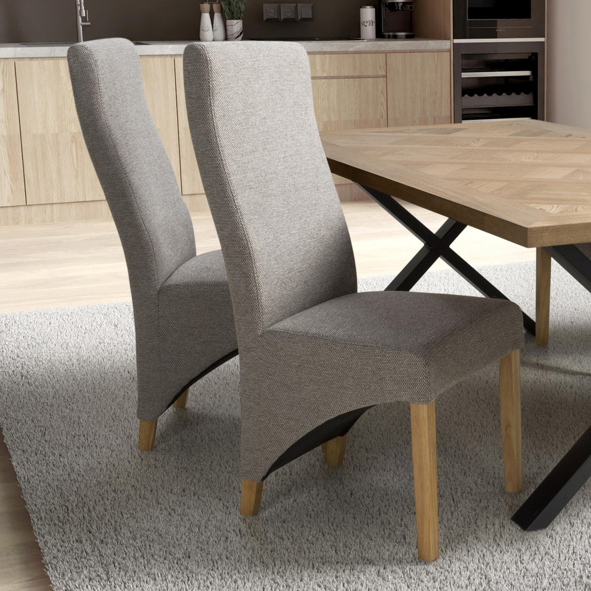 Fabric Dining Chairs in Set Of 2 Wave Back With Natural Rubberwood Legs - Baxter