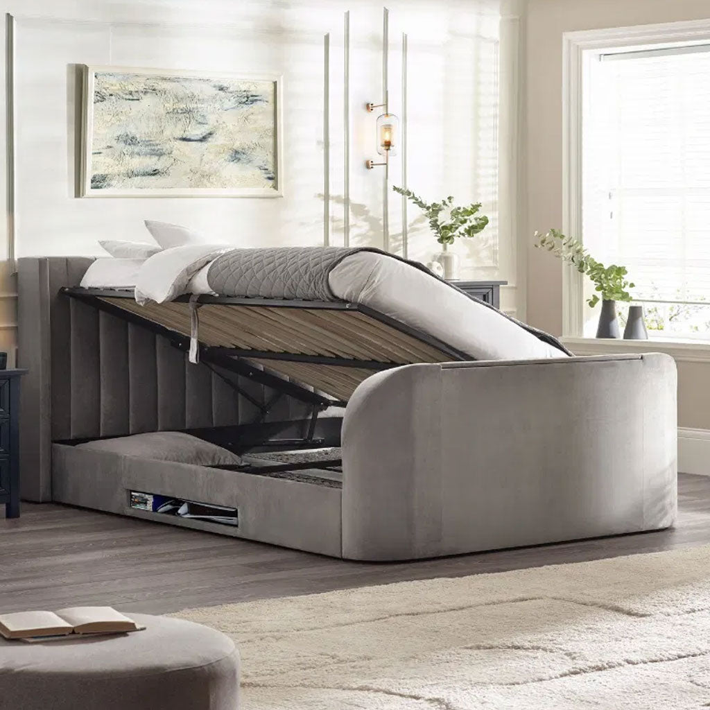 Fabric Double Ottoman TV Storage Bed - Clara