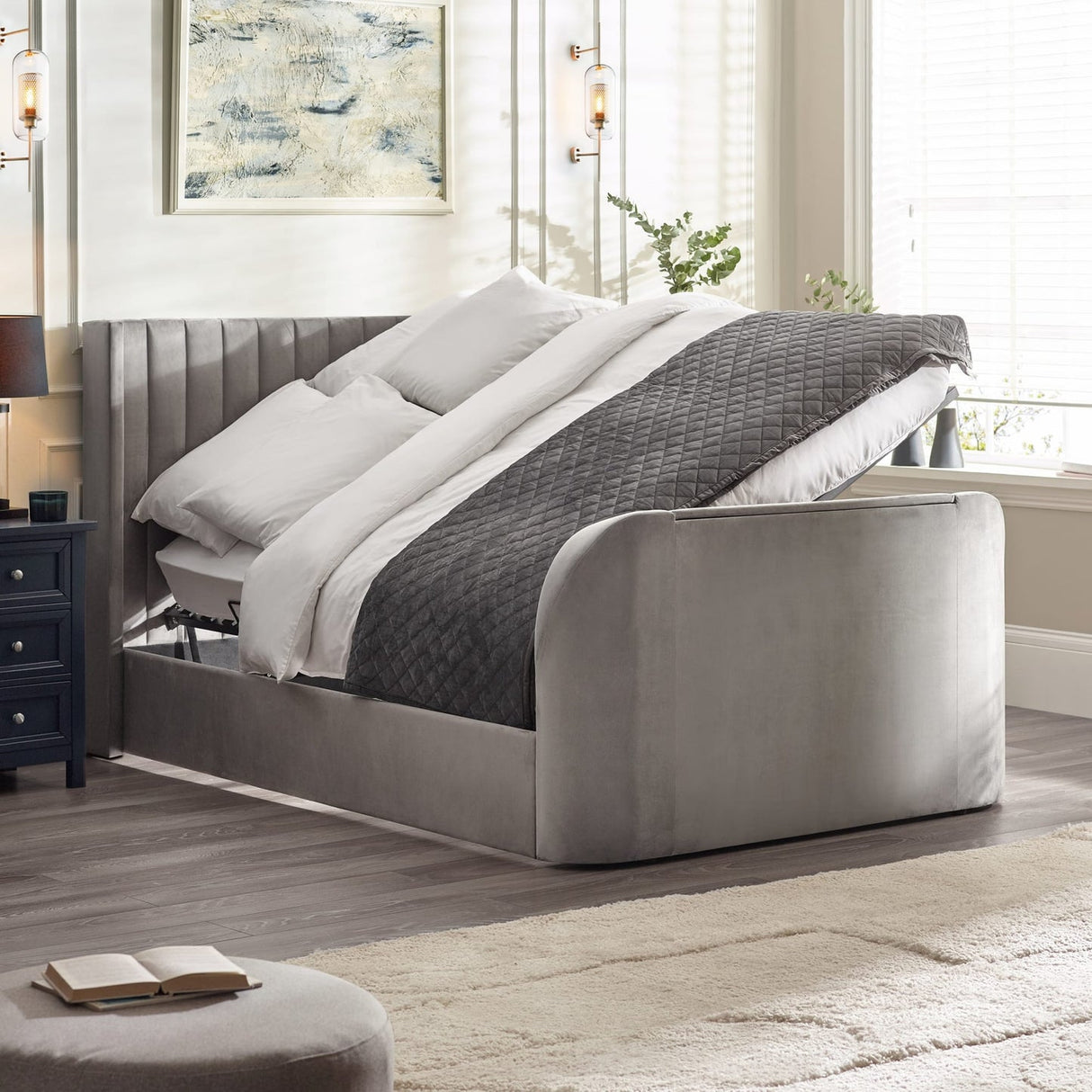 Fabric Double Ottoman TV Storage Bed - Clara