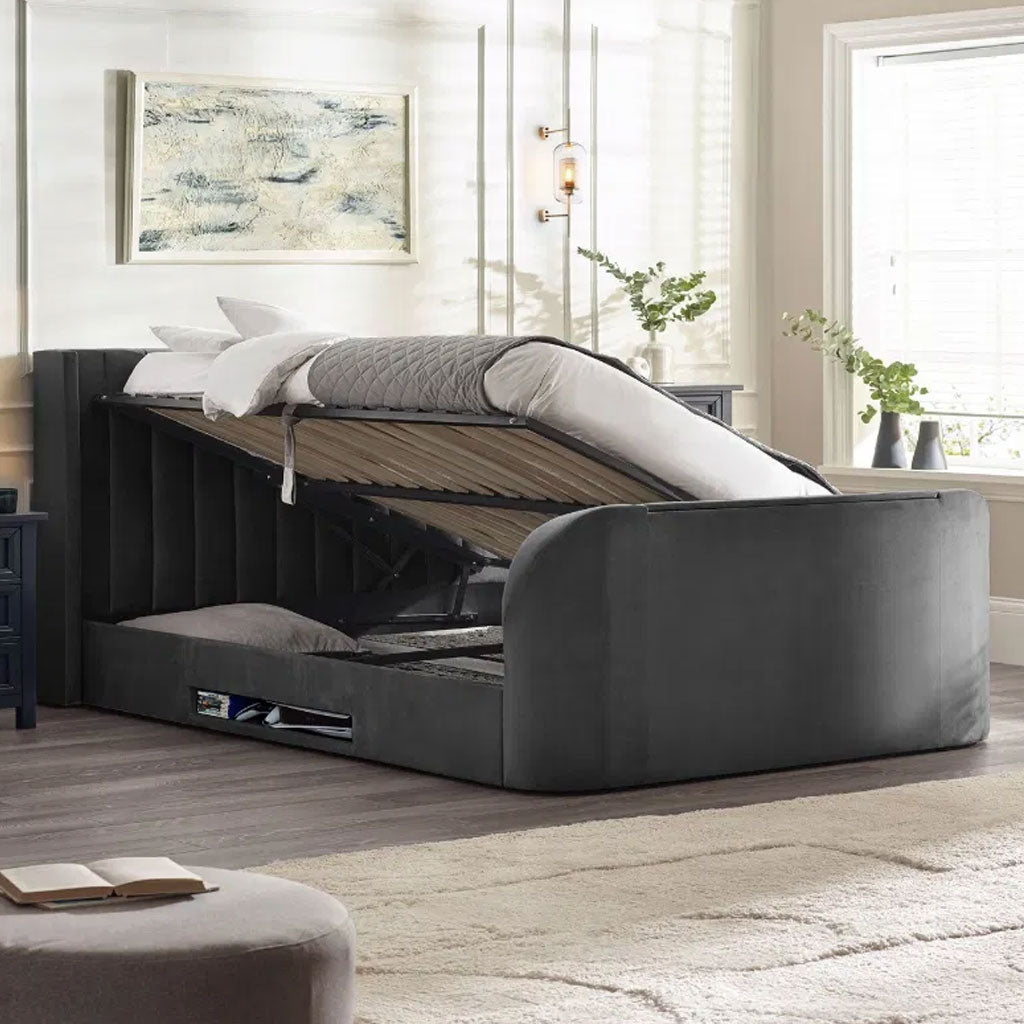 Fabric Double Ottoman TV Storage Bed - Clara