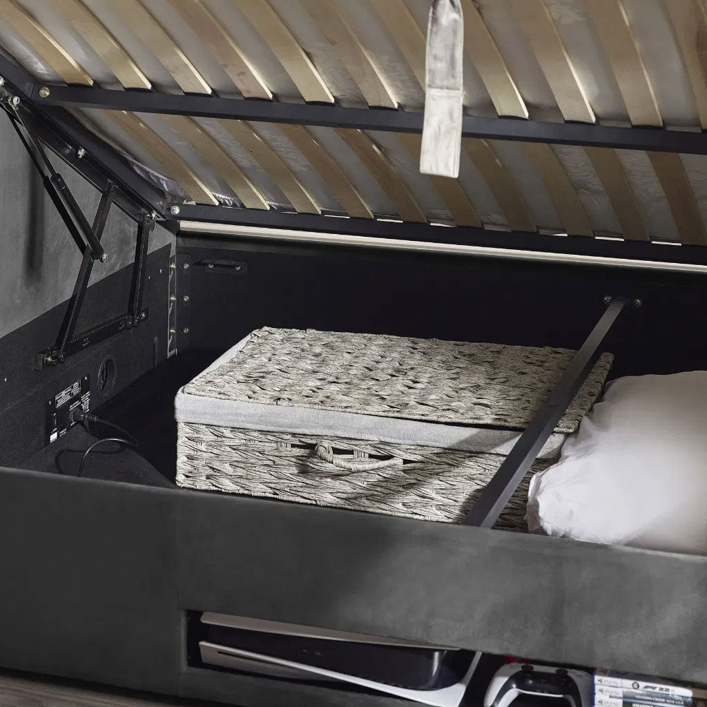 Fabric Double Ottoman TV Storage Bed - Clara