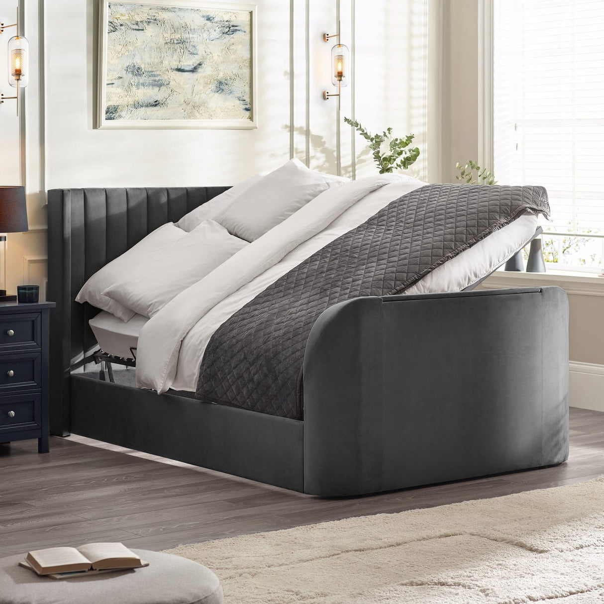 Fabric Double Ottoman TV Storage Bed - Clara