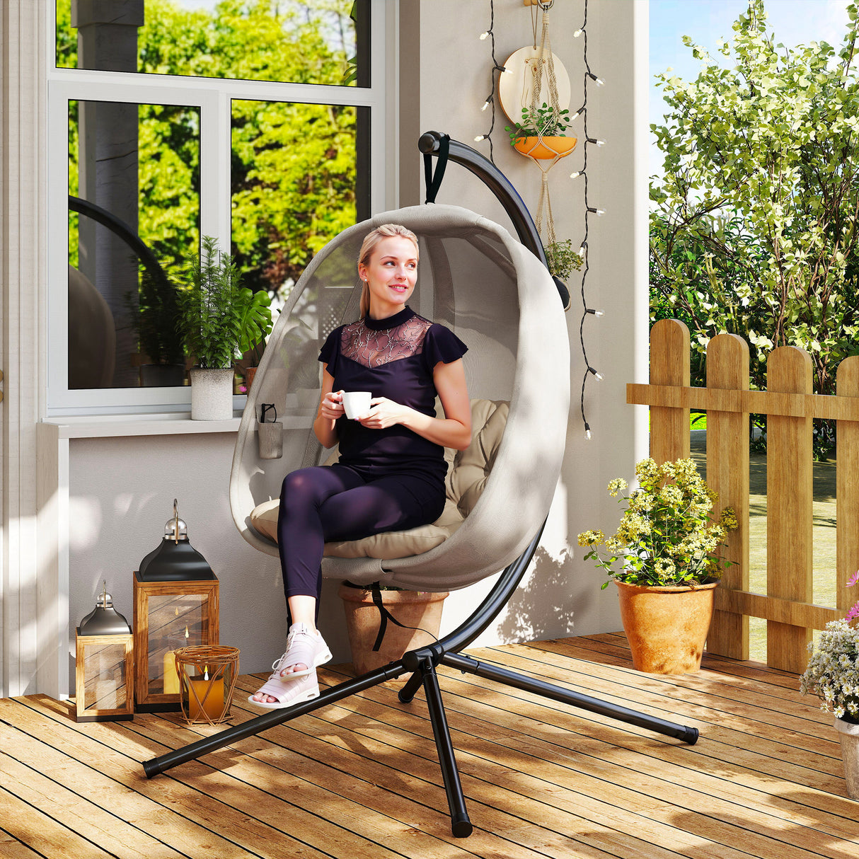 Fabric Folding Hanging Egg Chair With Side Pocket - Velmora
