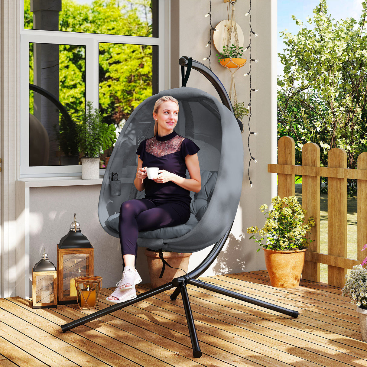 Fabric Folding Hanging Egg Chair With Side Pocket - Velmora