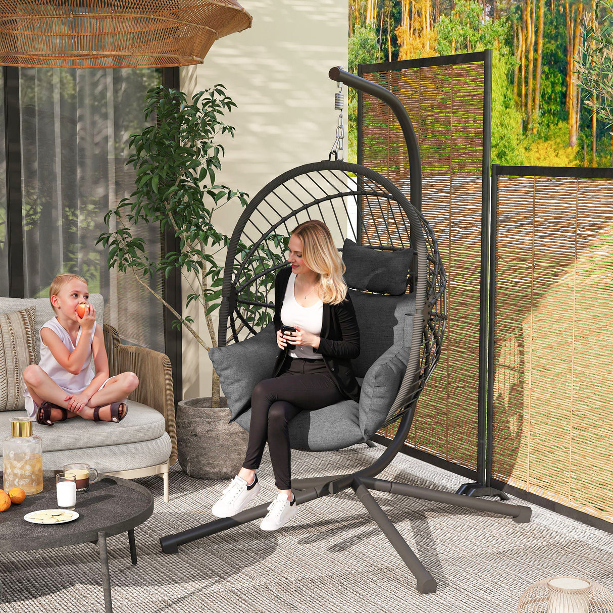 Fabric Hanging Egg Swing Chair With Full Body Padded Seat And Metal Stand - Velmora