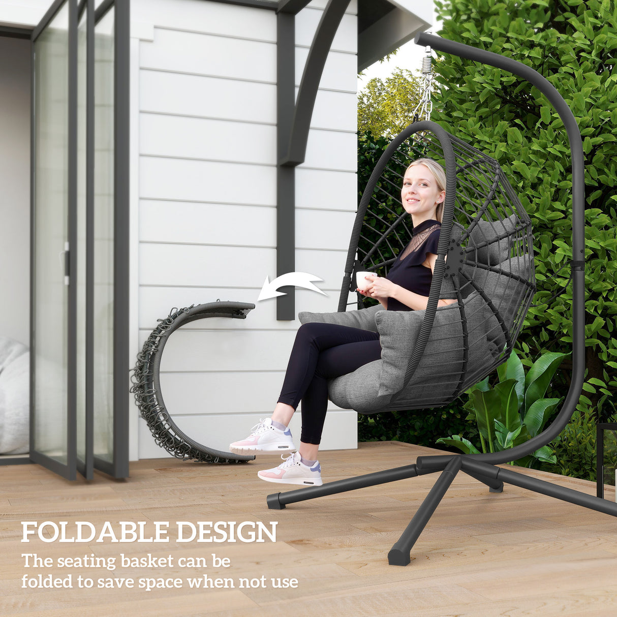 Fabric Hanging Egg Swing Chair With Full Body Padded Seat And Metal Stand - Velmora