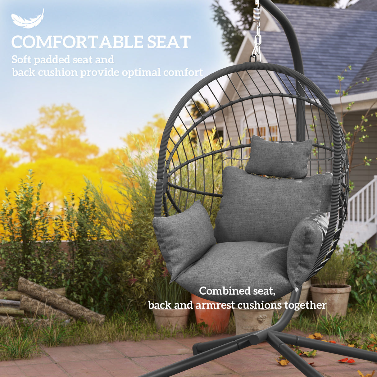 Fabric Hanging Egg Swing Chair With Full Body Padded Seat And Metal Stand - Velmora