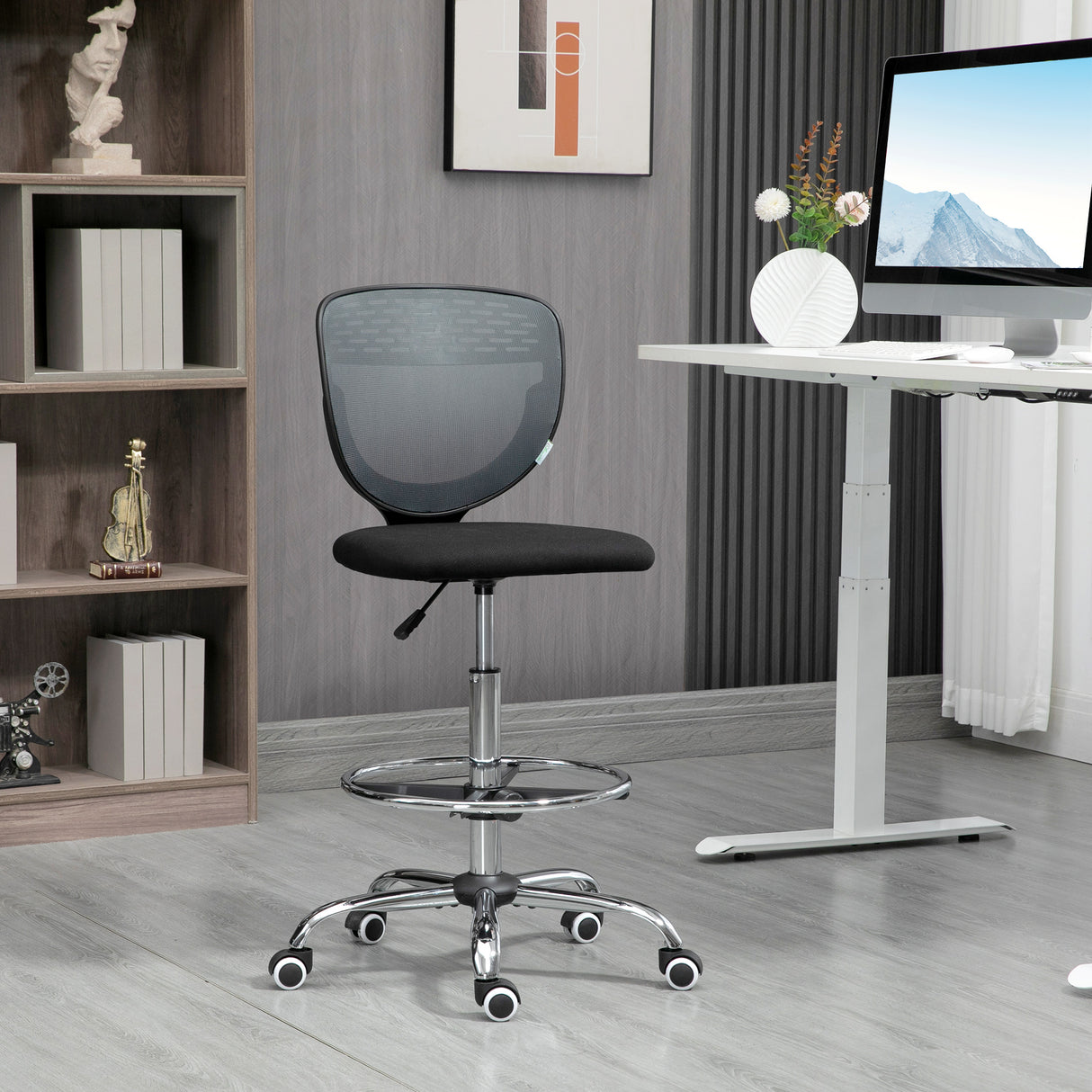 Fabric Home And Office Chair 59cm Wide Armless With Adjustable Foot Ring - Velmora