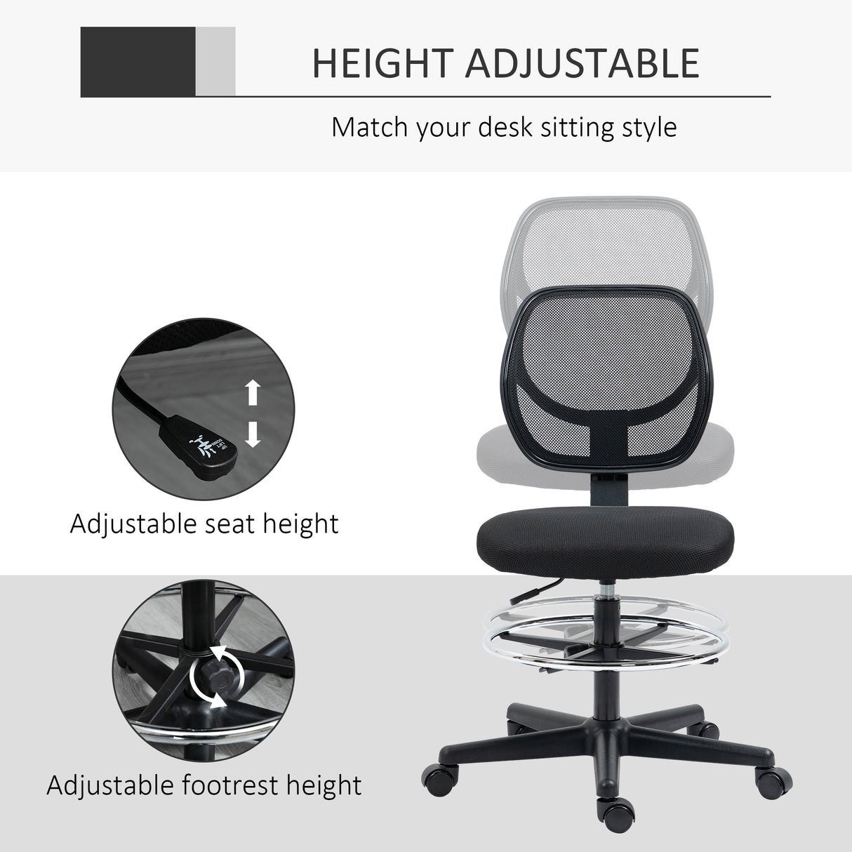 Fabric Home And Office Chair 59cm Wide With Adjustable Foot Ring And Seat Height Black - Velmora