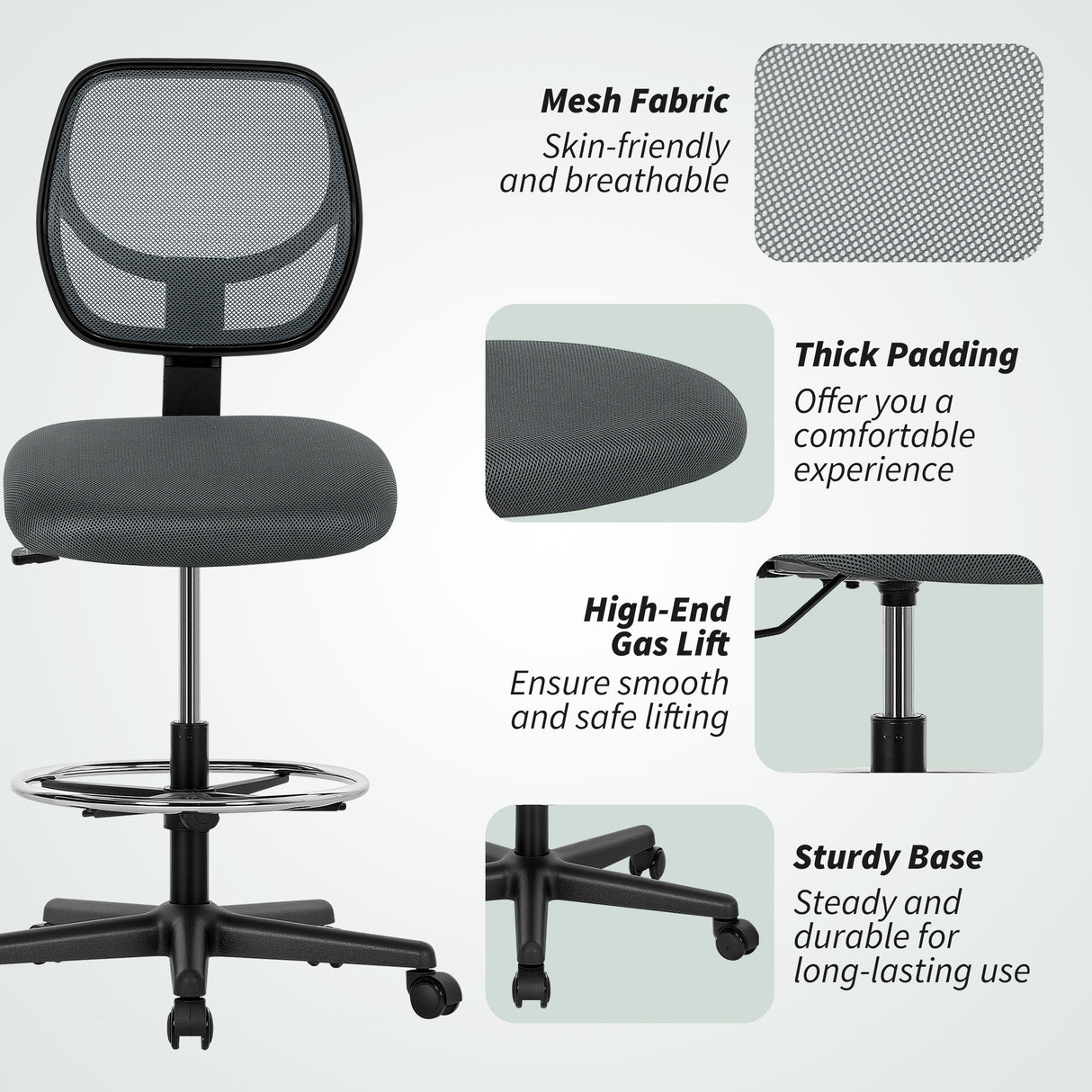 Fabric Home And Office Chair 59cm Wide With Adjustable Foot Ring And Seat Height Black - Velmora
