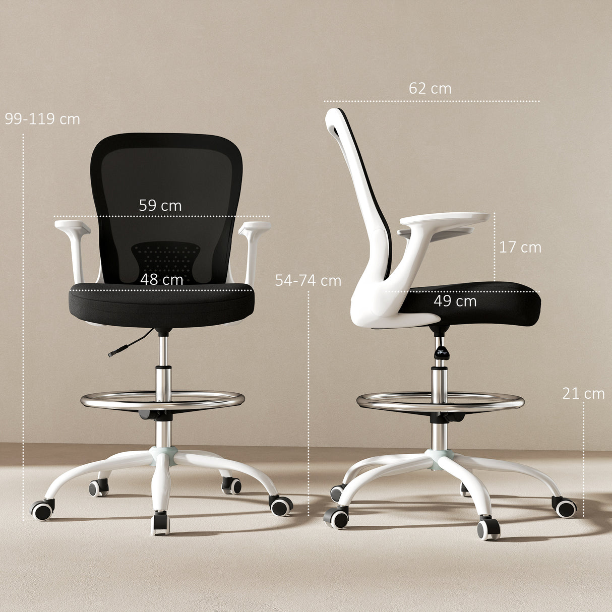Fabric Home And Office Chair 59cm Wide With Flip-Up Armrest And Adjustable Foot Ring - Velmora