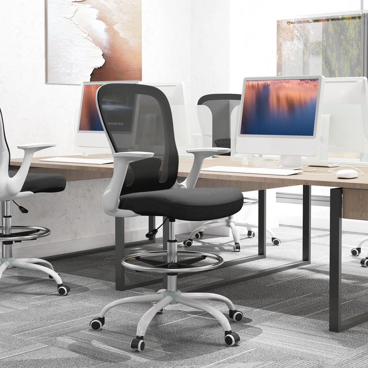 Fabric Home And Office Chair 59cm Wide With Flip-Up Armrest And Adjustable Foot Ring - Velmora