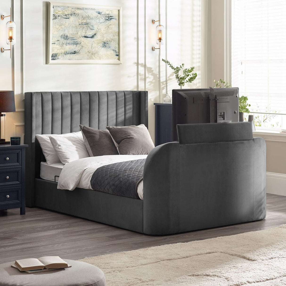 Fabric King Size Ottoman TV Storage Bed - Clara