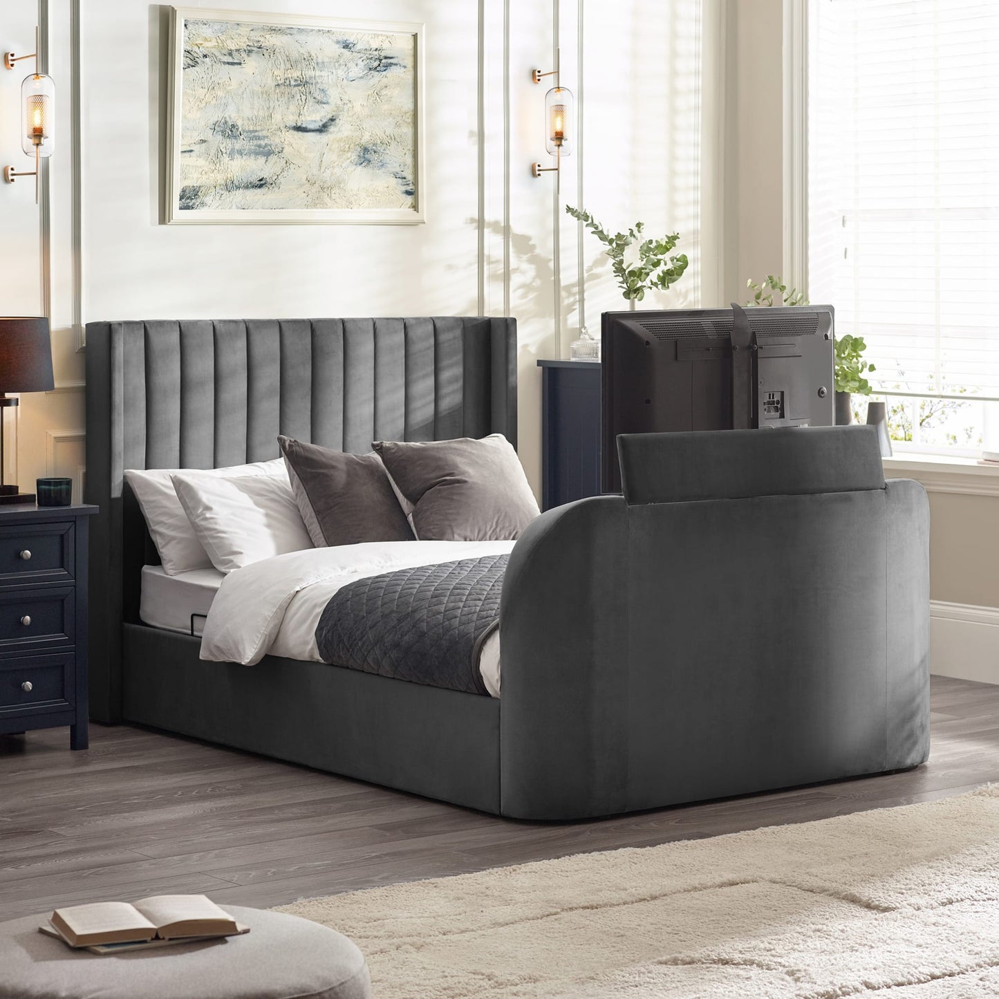 Fabric King Size Ottoman TV Storage Bed - Clara