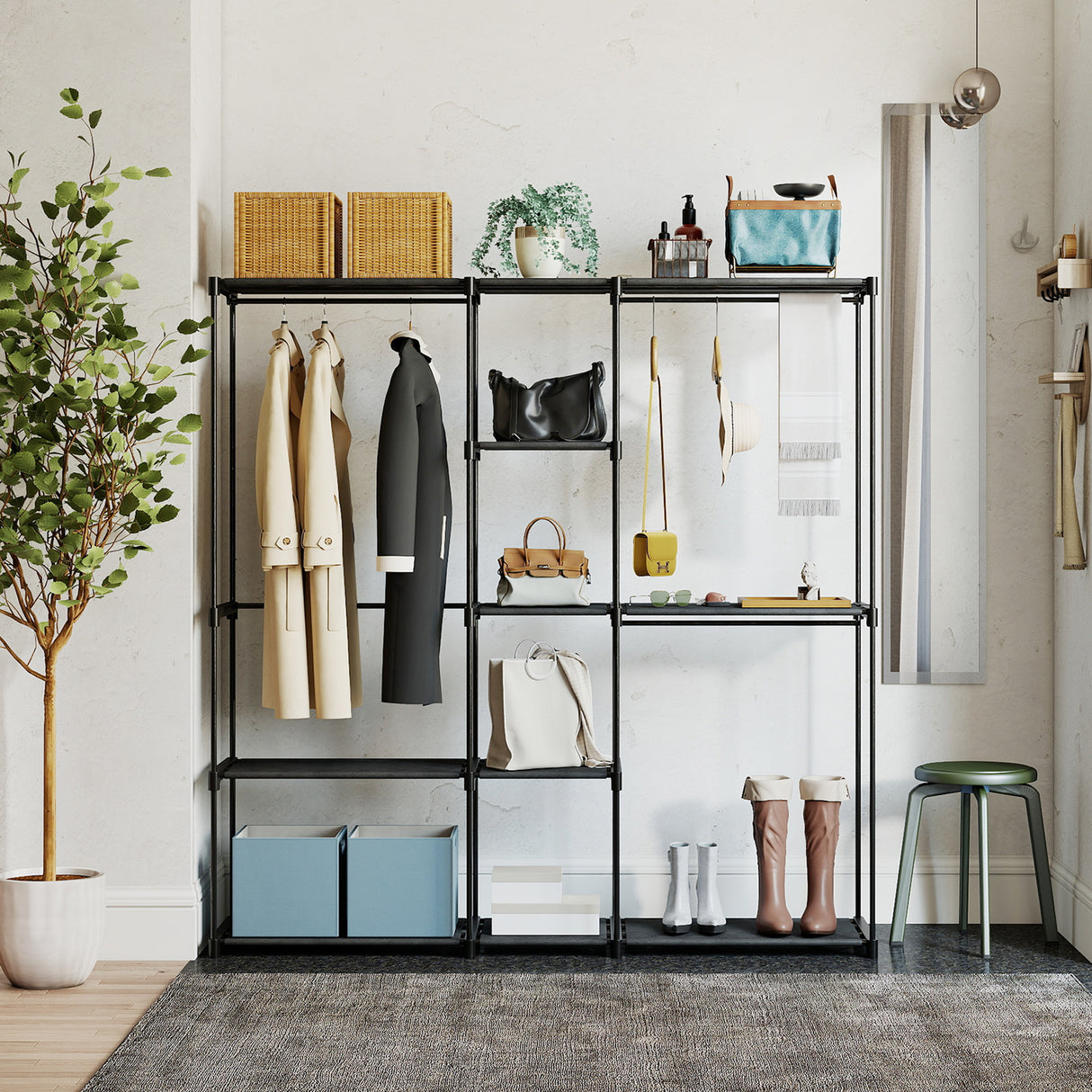 Fabric Open Wardrobe 182cm Wide With 8 Shelves And Hanging Rail - Velmora