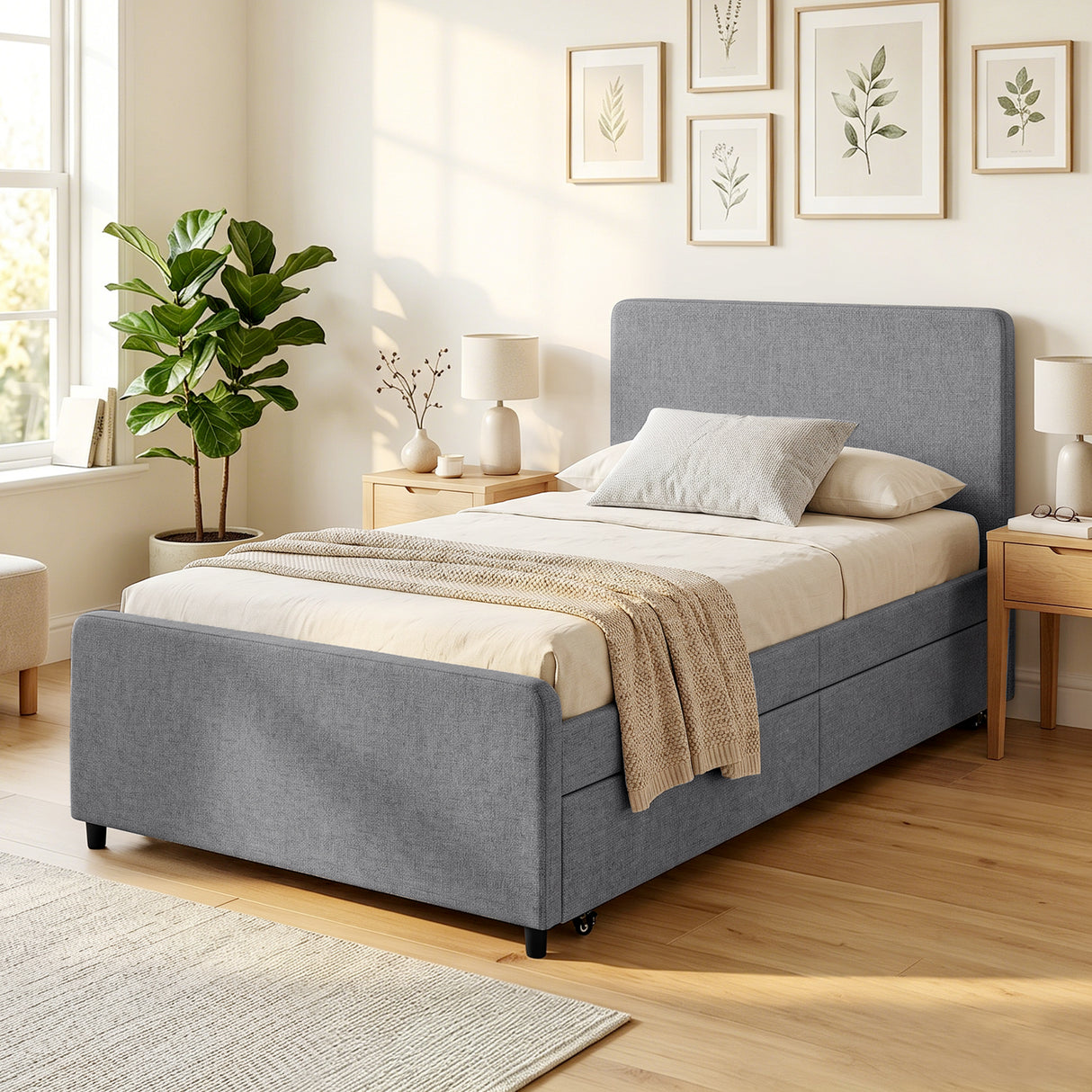 Fabric Single Bed 97cm Wide With Pull Out Trundle Bed - Velmora