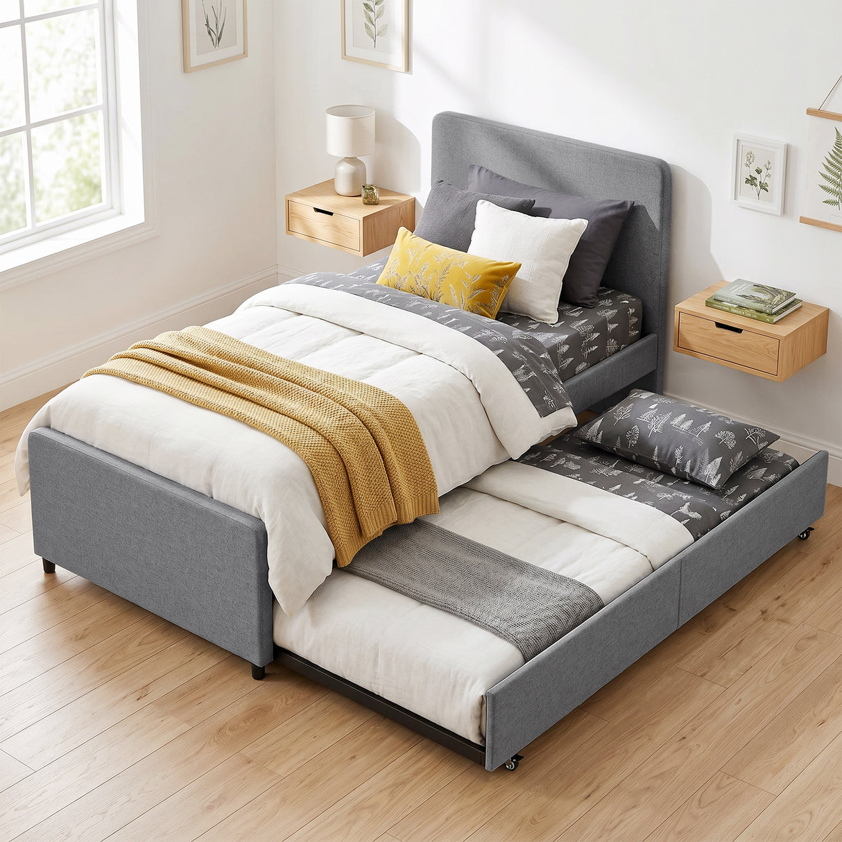Fabric Single Bed 97cm Wide With Pull Out Trundle Bed - Velmora