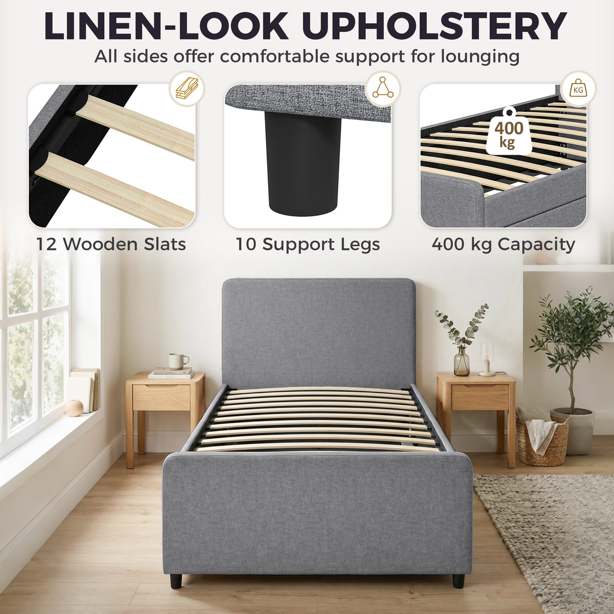 Fabric Single Bed 97cm Wide With Pull Out Trundle Bed - Velmora