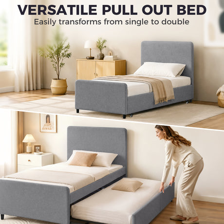 Fabric Single Bed 97cm Wide With Pull Out Trundle Bed - Velmora