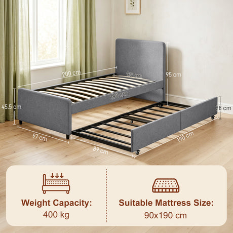 Fabric Single Bed 97cm Wide With Pull Out Trundle Bed - Velmora