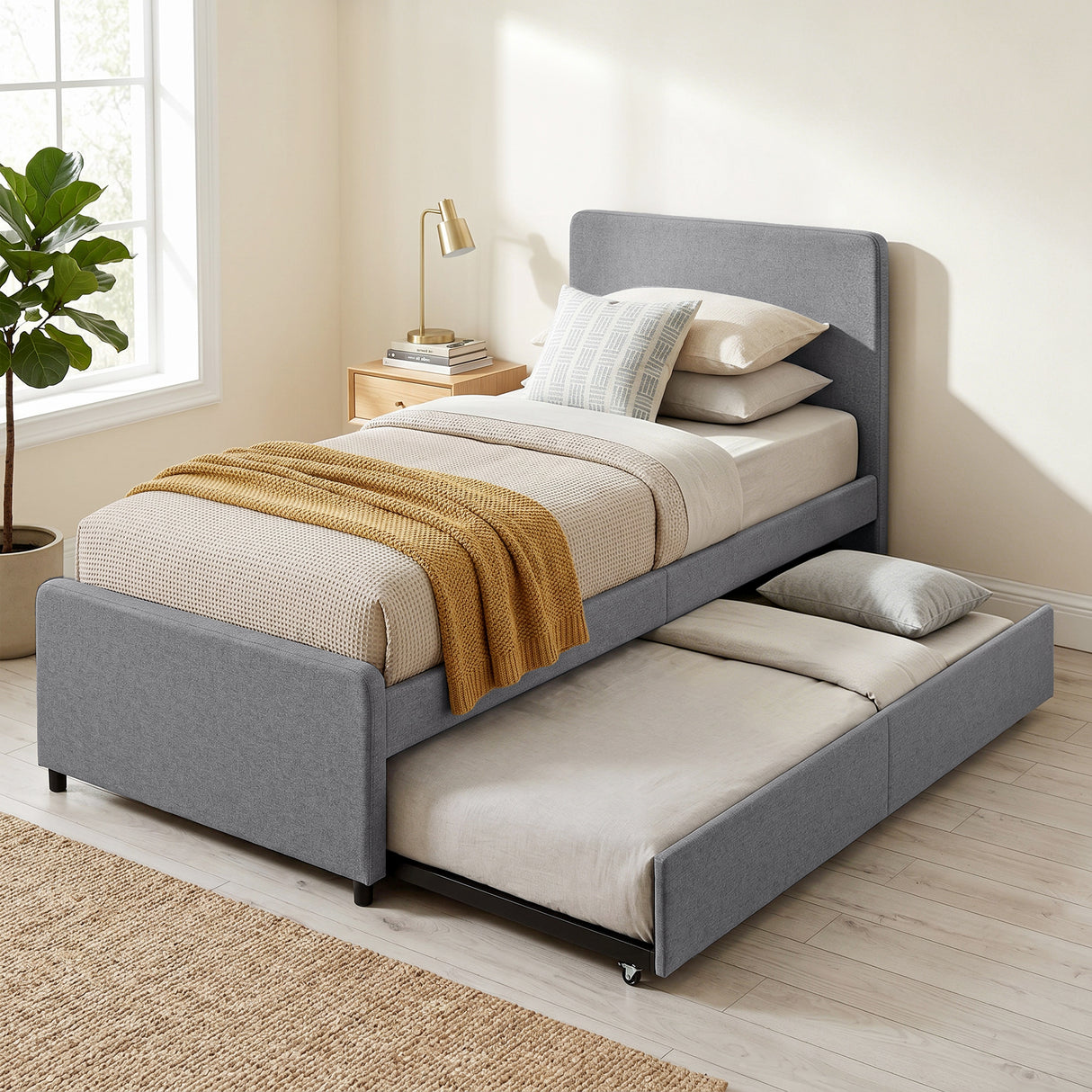 Fabric Single Bed 97cm Wide With Pull Out Trundle Bed - Velmora