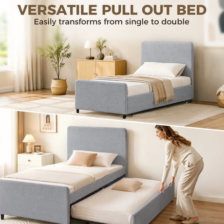 Fabric Single Bed 97cm Wide With Pull Out Trundle Bed - Velmora