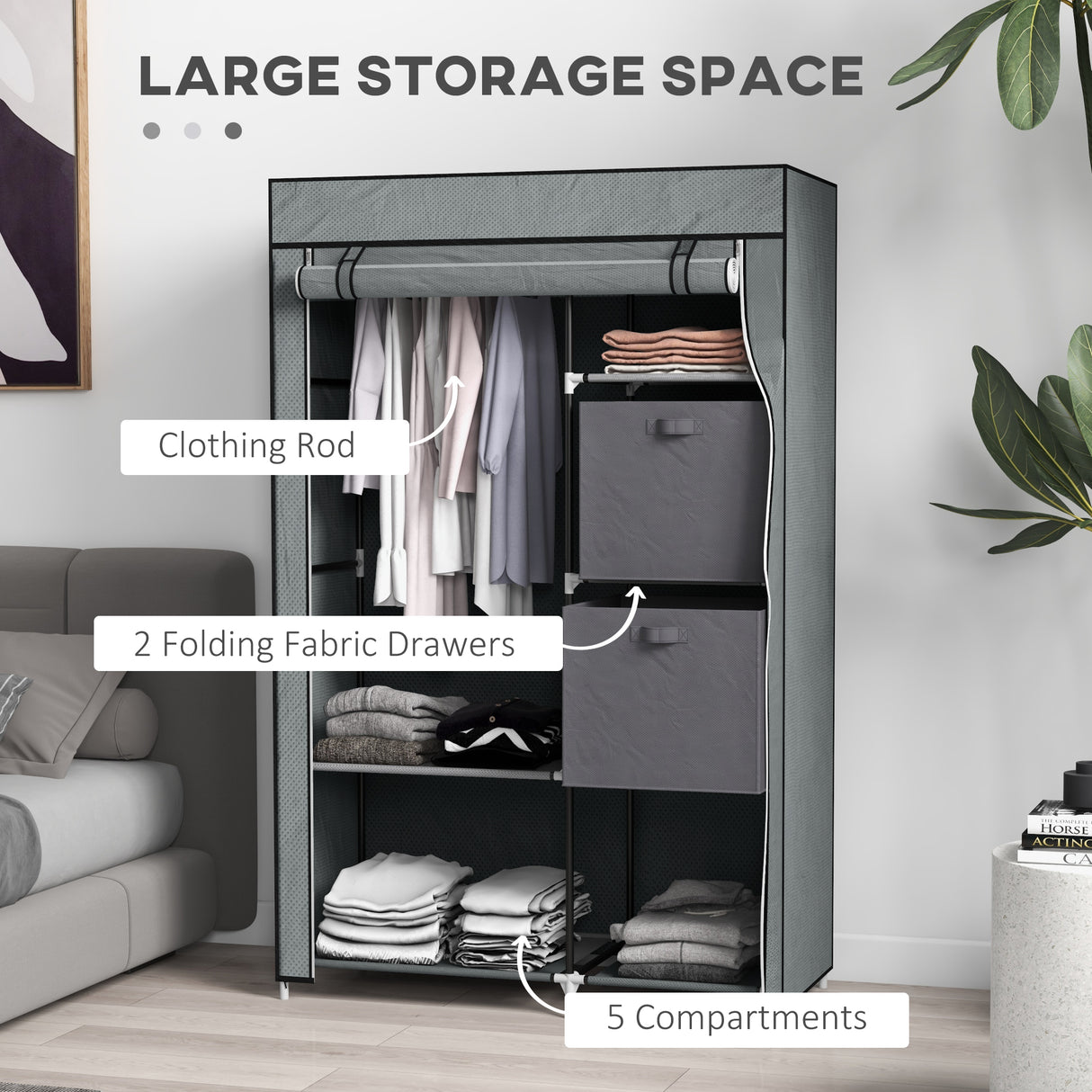 Fabric Wardrobe 102cm Wide With 2 Drawers With Hanging Rail - Velmora