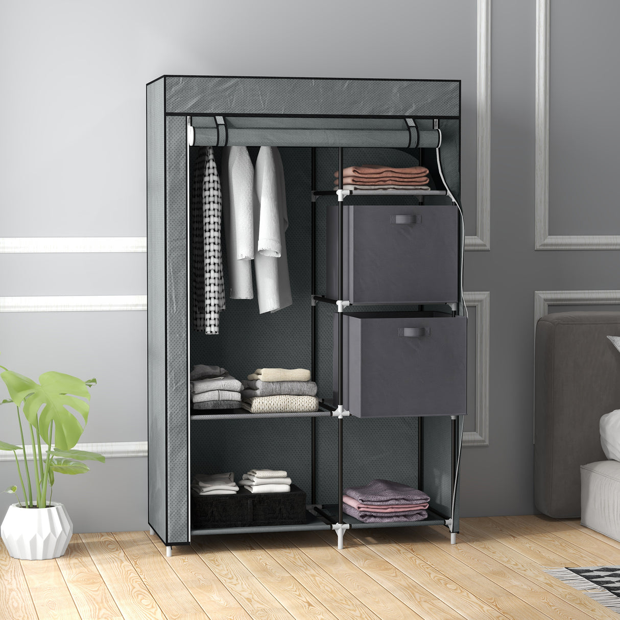 Fabric Wardrobe 102cm Wide With 2 Drawers With Hanging Rail - Velmora