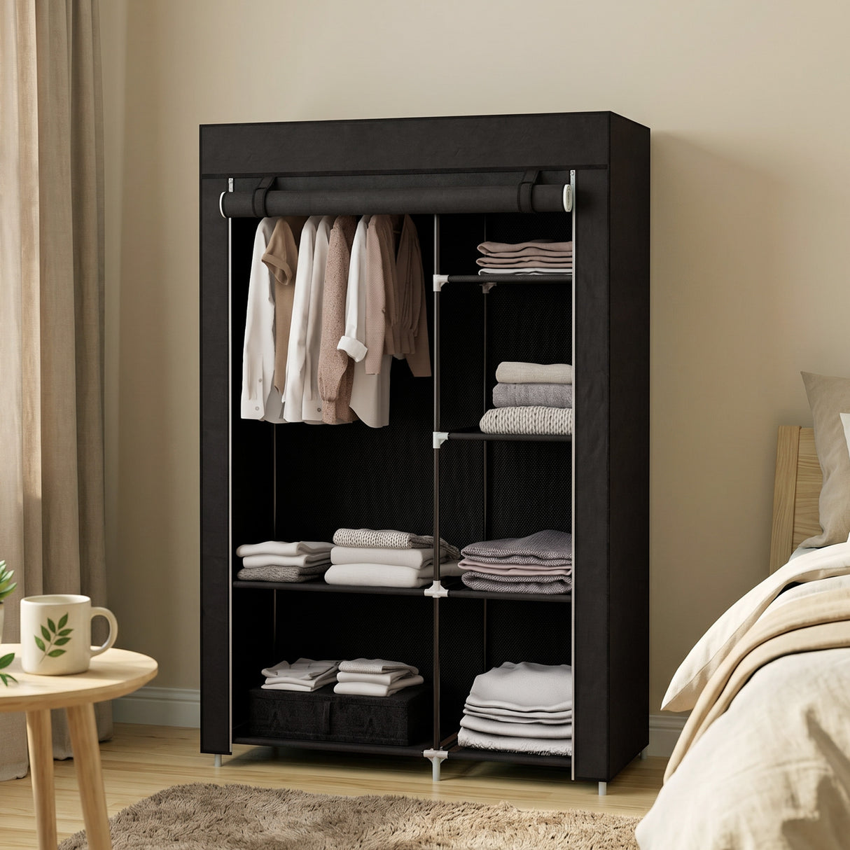 Fabric Wardrobe 103cm Wide With Hanging Rail And Shelves - Velmora