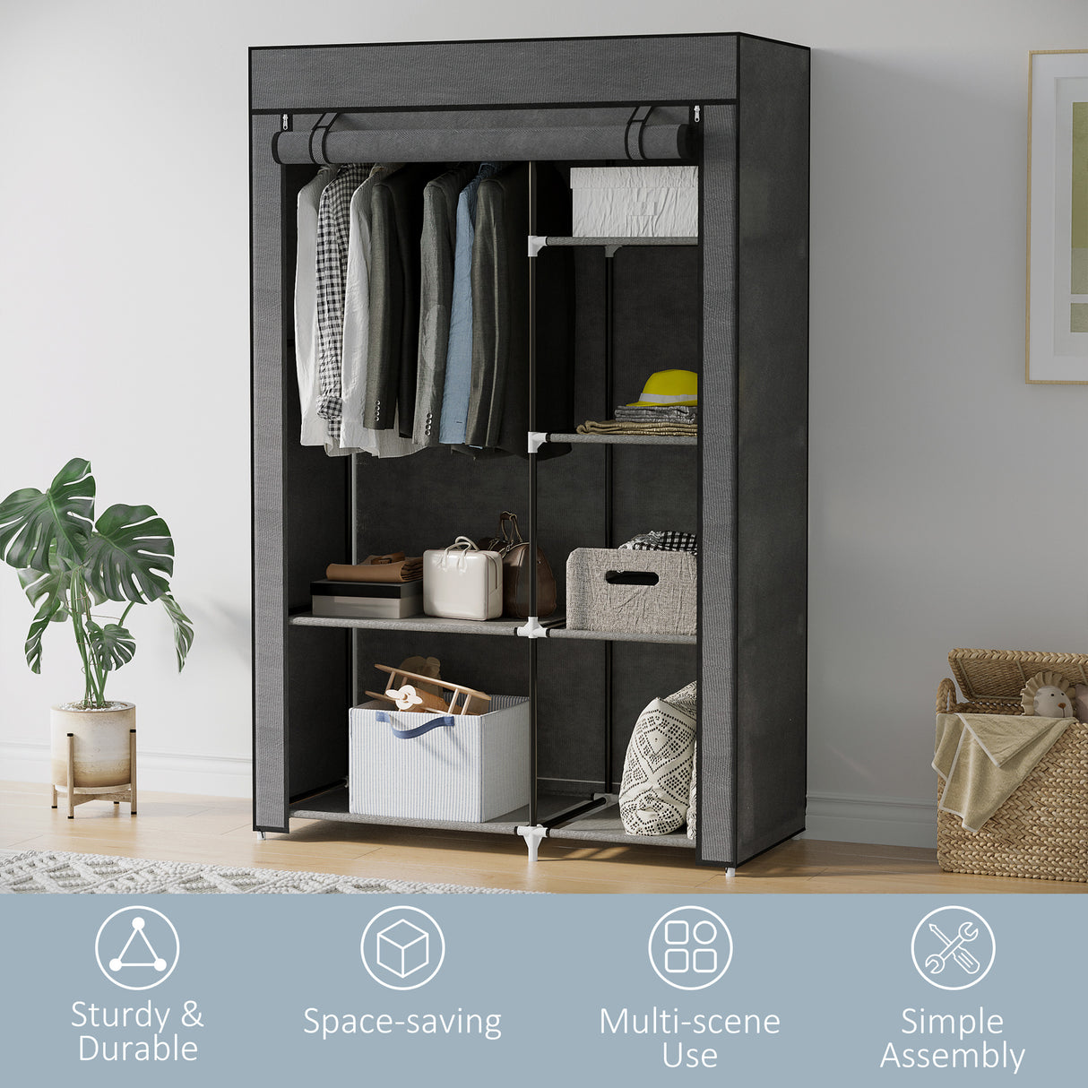 Fabric Wardrobe 103cm Wide With Hanging Rail And Shelves - Velmora