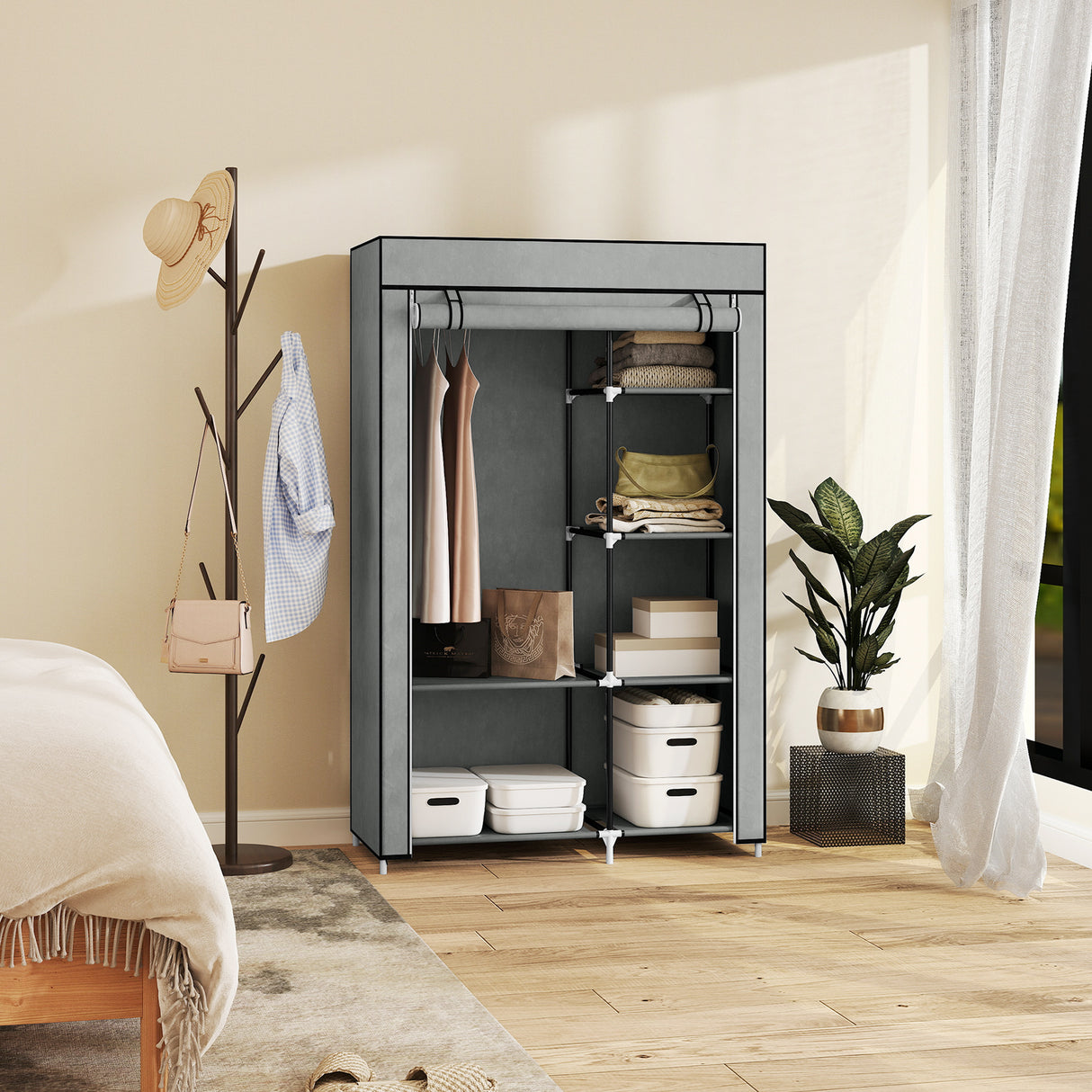 Fabric Wardrobe 103cm Wide With Hanging Rail And Shelves - Velmora
