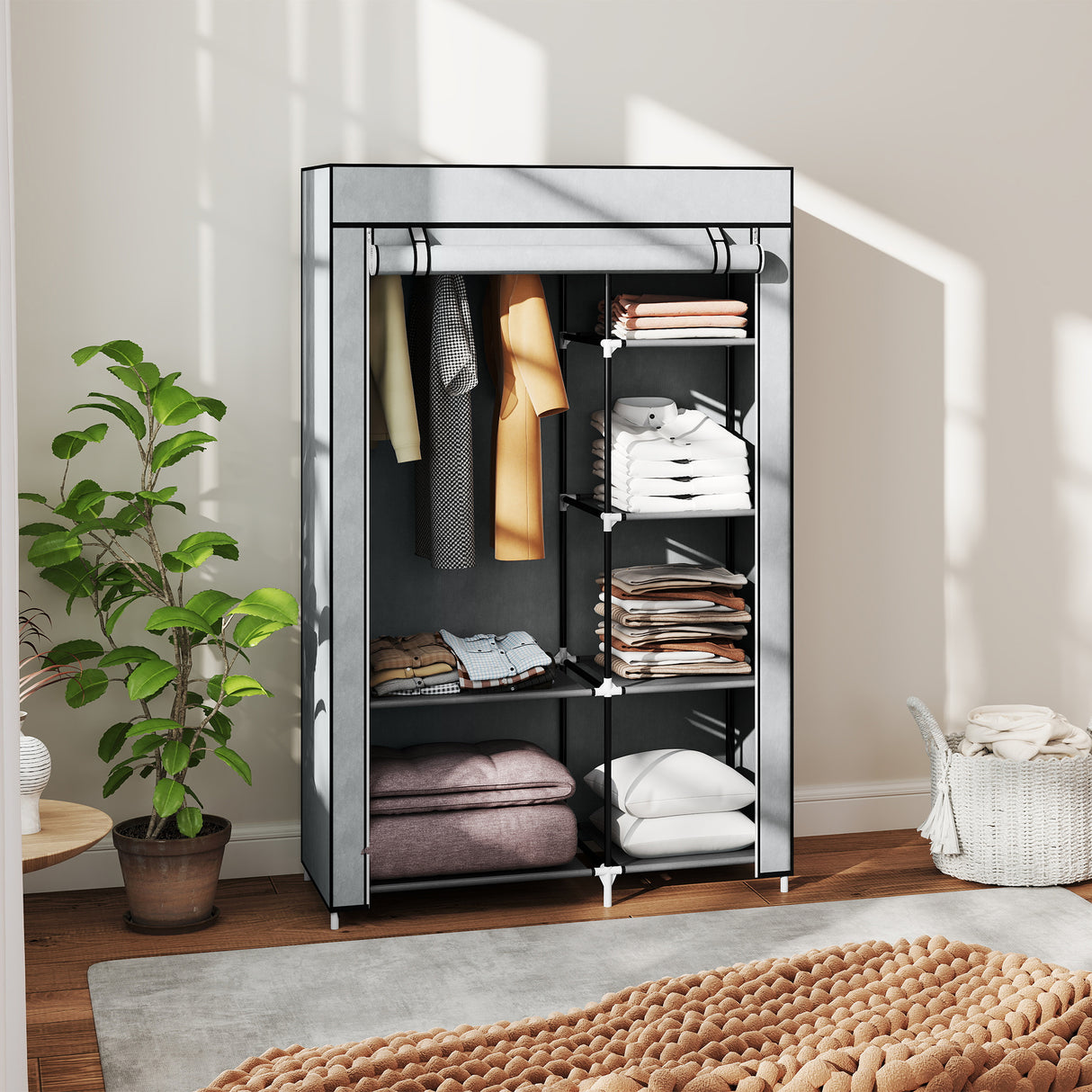Fabric Wardrobe 103cm Wide With Hanging Rail And Shelves - Velmora
