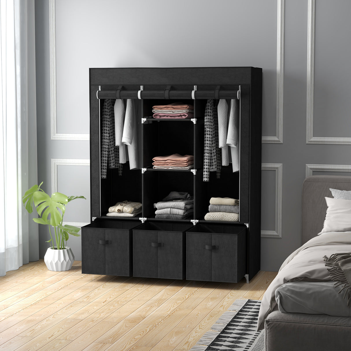 Fabric Wardrobe 125cm Wide With 3 Drawers - Velmora