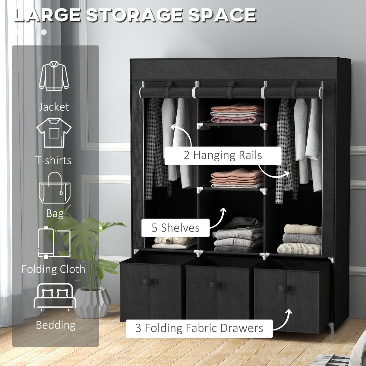 Fabric Wardrobe 125cm Wide With 3 Drawers - Velmora