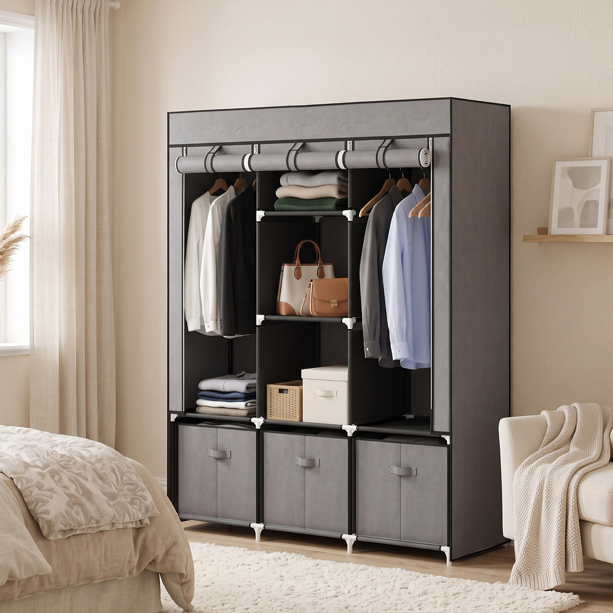 Fabric Wardrobe 125cm Wide With 3 Drawers - Velmora